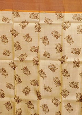Cream Handloom Tussar Pure Silk Saree With Blouse Piece