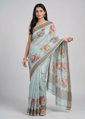 Green Handloom Tussar Pure Silk Saree With Blouse Piece