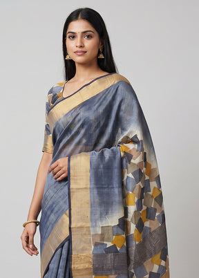 Grey Handloom Tussar Pure Silk Saree With Blouse Piece