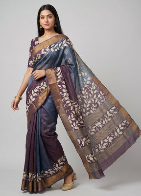 Grey Handloom Tussar Pure Silk Saree With Blouse Piece