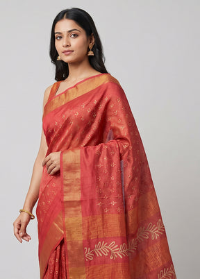 Pink Handloom Tussar Pure Silk Saree With Blouse Piece