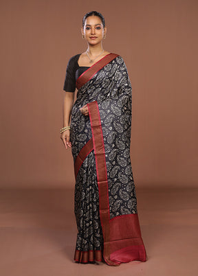 Black Handloom Tussar Pure Silk Saree With Blouse Piece