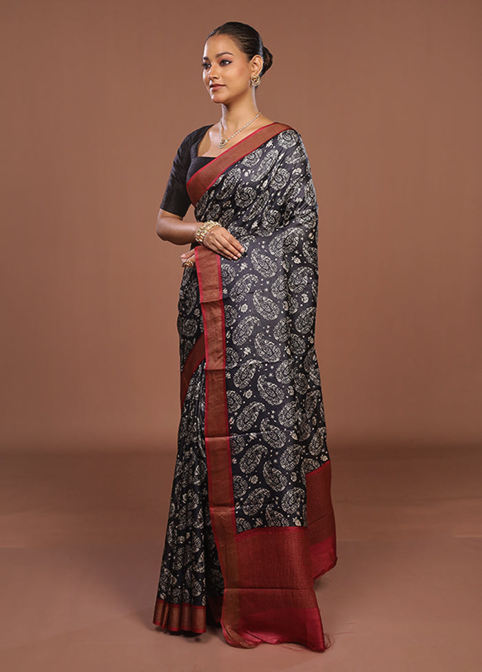 Black Handloom Tussar Pure Silk Saree With Blouse Piece