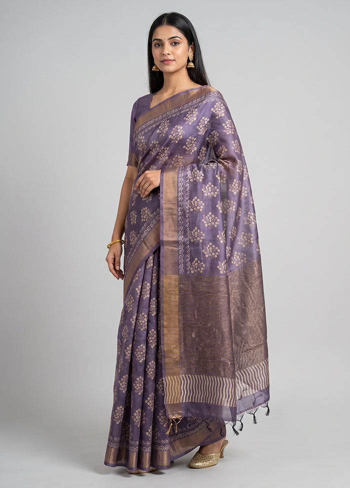 Purple Handloom Tussar Pure Silk Saree With Blouse Piece
