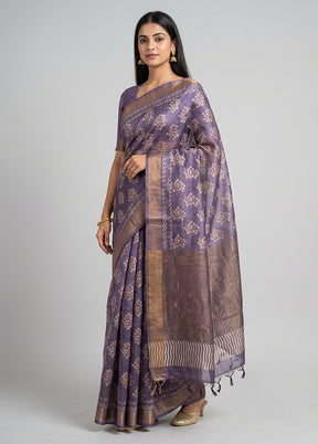 Purple Handloom Tussar Pure Silk Saree With Blouse Piece