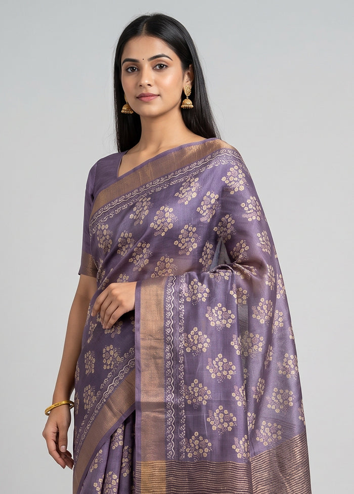 Purple Handloom Tussar Pure Silk Saree With Blouse Piece