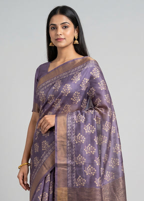 Purple Handloom Tussar Pure Silk Saree With Blouse Piece