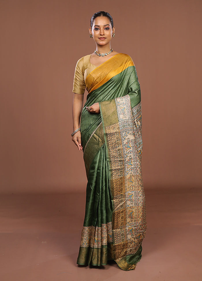 Green Handloom Tussar Pure Silk Saree With Blouse Piece