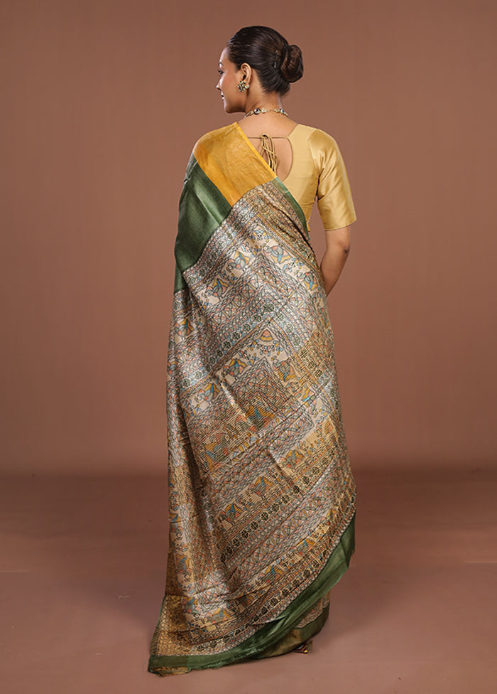 Green Handloom Tussar Pure Silk Saree With Blouse Piece