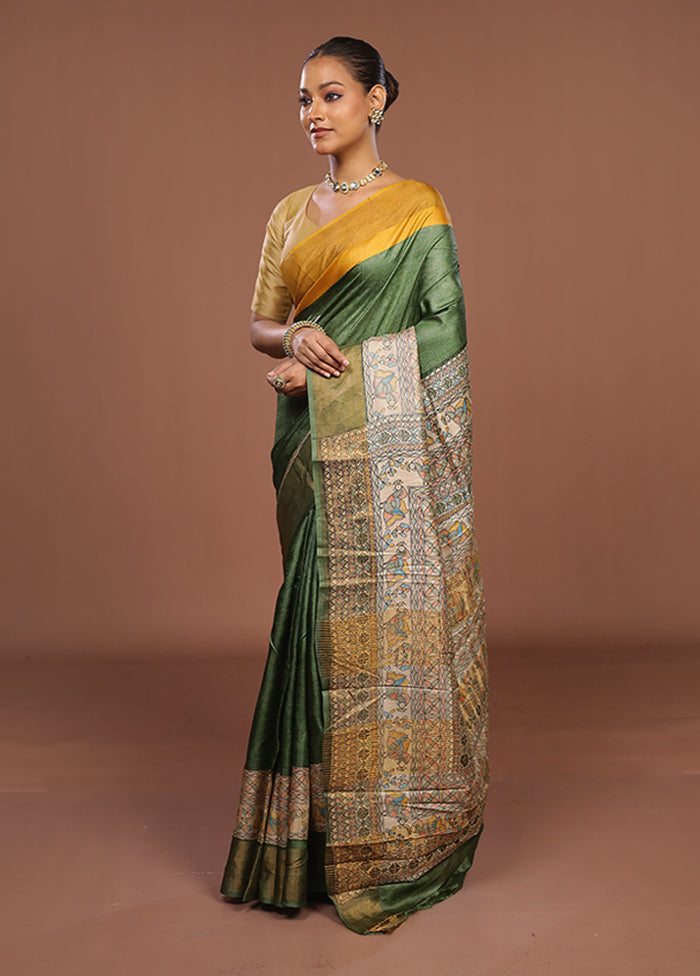 Green Handloom Tussar Pure Silk Saree With Blouse Piece