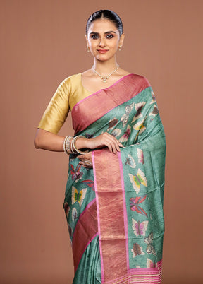 Green Handloom Tussar Pure Silk Saree With Blouse Piece