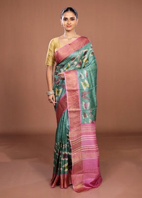 Green Handloom Tussar Pure Silk Saree With Blouse Piece