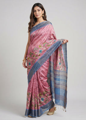 Pink Handloom Tussar Pure Silk Saree With Blouse Piece