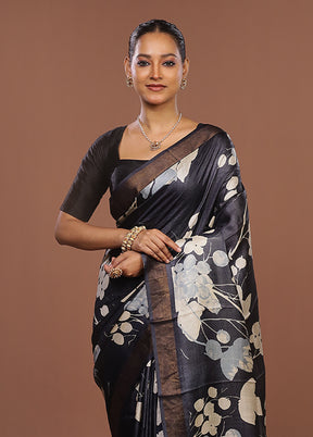 Black Handloom Tussar Pure Silk Saree With Blouse Piece
