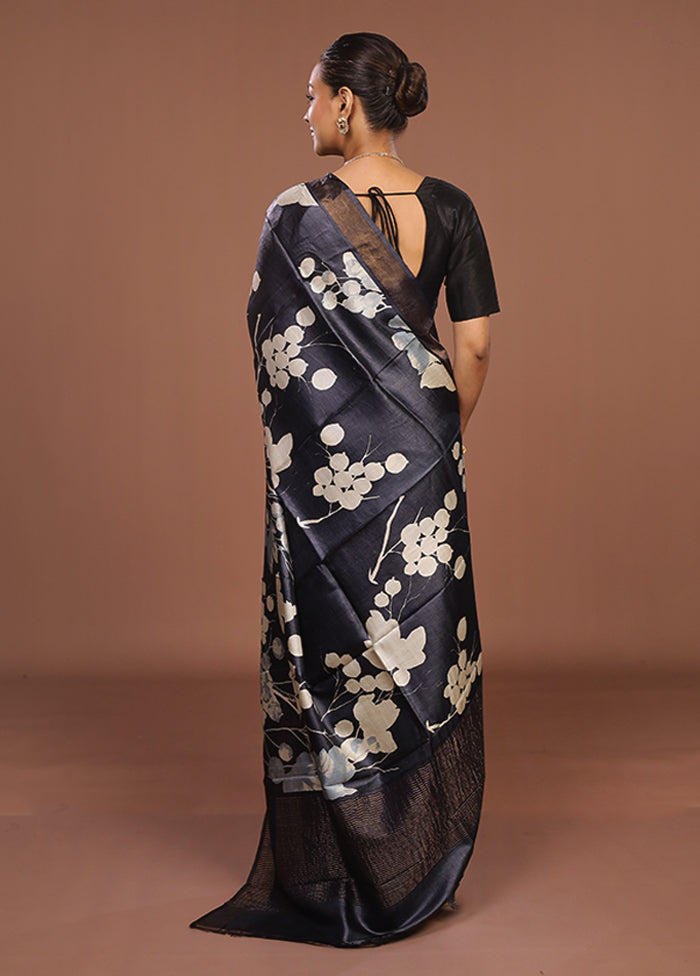 Black Handloom Tussar Pure Silk Saree With Blouse Piece