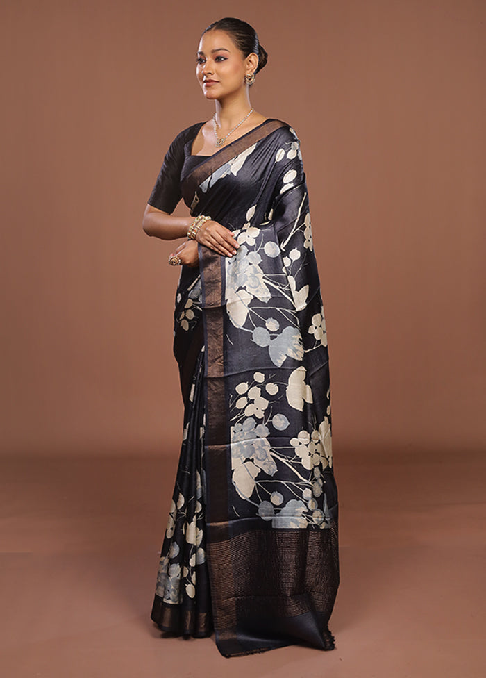 Black Handloom Tussar Pure Silk Saree With Blouse Piece