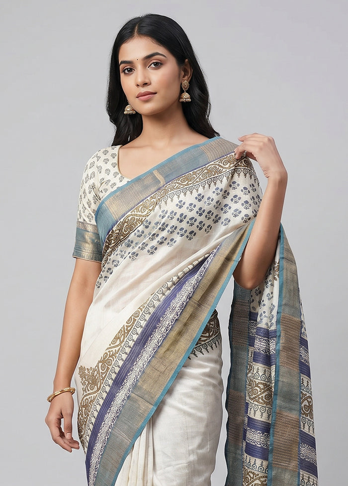 White Handloom Tussar Pure Silk Saree With Blouse Piece