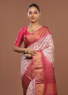 White Handloom Tussar Pure Silk Saree With Blouse Piece