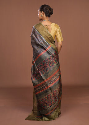 Grey Handloom Tussar Pure Silk Saree With Blouse Piece