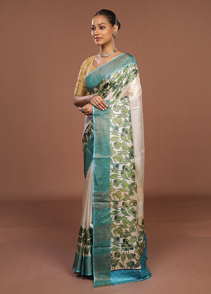 White Handloom Tussar Pure Silk Saree With Blouse Piece