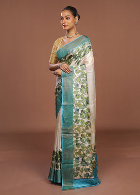 White Handloom Tussar Pure Silk Saree With Blouse Piece