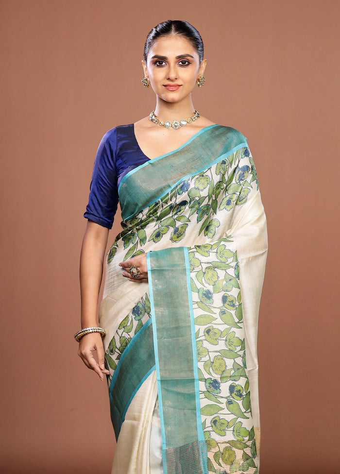 White Handloom Tussar Pure Silk Saree With Blouse Piece