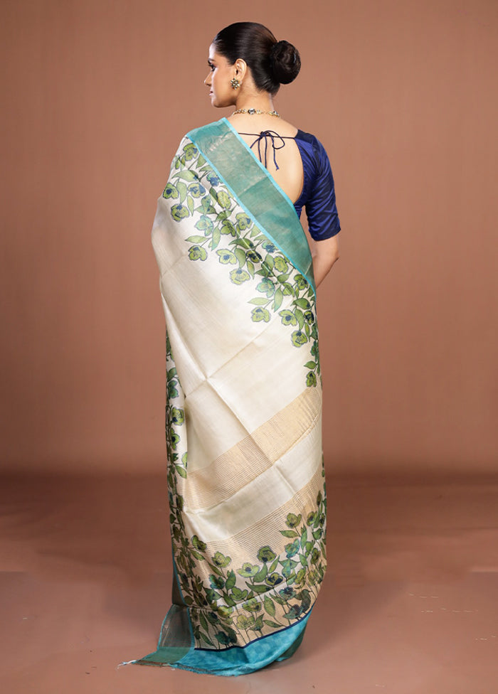 White Handloom Tussar Pure Silk Saree With Blouse Piece