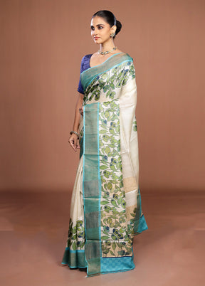 White Handloom Tussar Pure Silk Saree With Blouse Piece