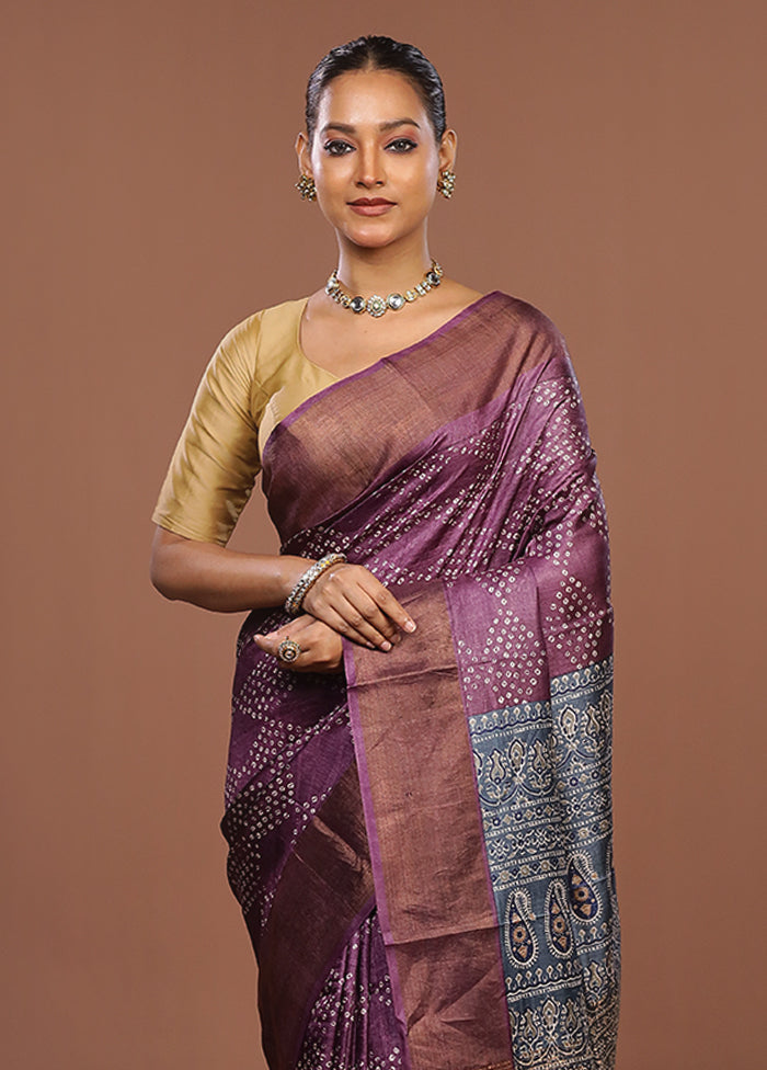 Purple Handloom Tussar Pure Silk Saree With Blouse Piece