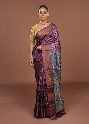 Purple Handloom Tussar Pure Silk Saree With Blouse Piece