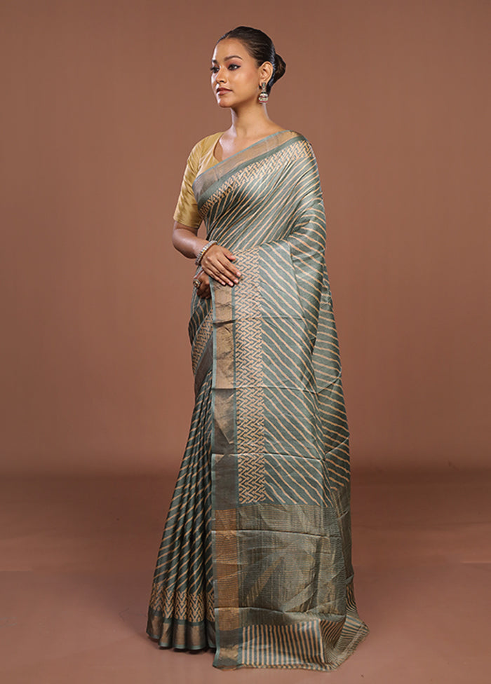 Green Handloom Tussar Pure Silk Saree With Blouse Piece