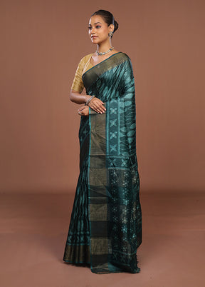 Green Handloom Tussar Pure Silk Saree With Blouse Piece