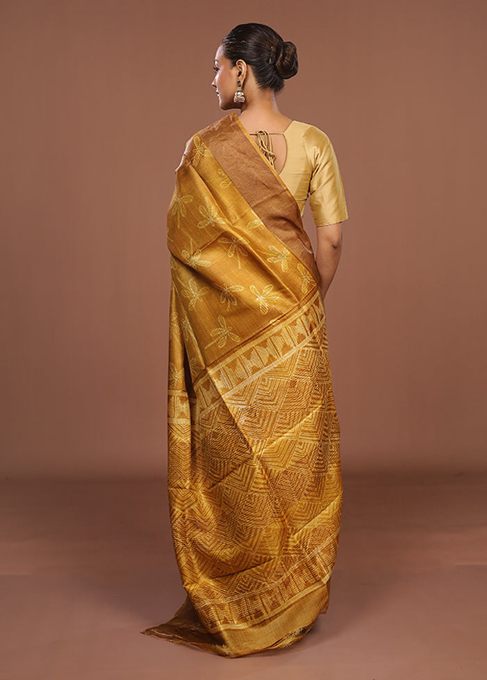 Yellow Handloom Tussar Pure Silk Saree With Blouse Piece