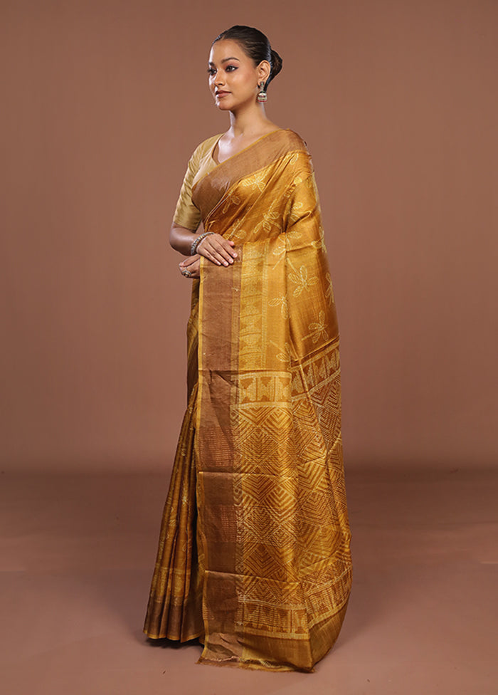 Yellow Handloom Tussar Pure Silk Saree With Blouse Piece