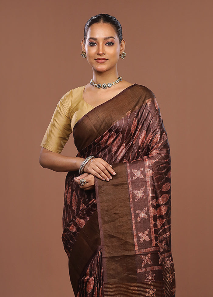 Brown Handloom Tussar Pure Silk Saree With Blouse Piece