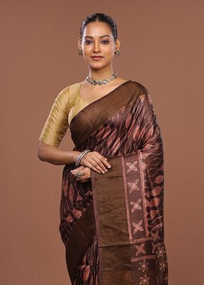Brown Handloom Tussar Pure Silk Saree With Blouse Piece