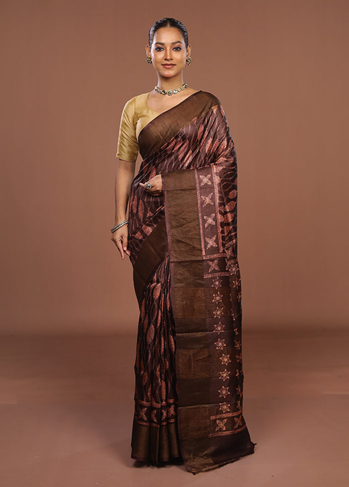 Brown Handloom Tussar Pure Silk Saree With Blouse Piece