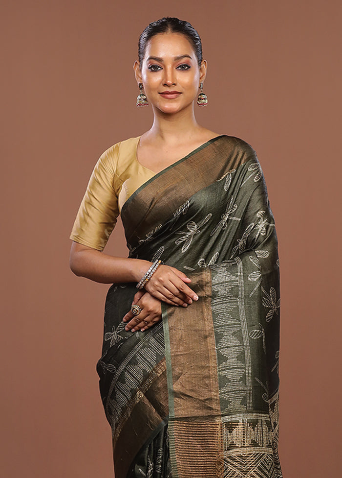 Green Handloom Tussar Pure Silk Saree With Blouse Piece