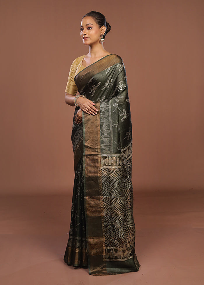 Green Handloom Tussar Pure Silk Saree With Blouse Piece