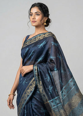 Blue Handloom Tussar Pure Silk Saree With Blouse Piece