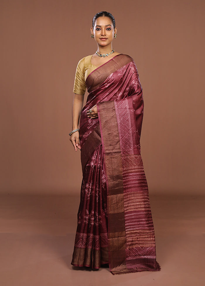 Maroon Handloom Tussar Pure Silk Saree With Blouse Piece