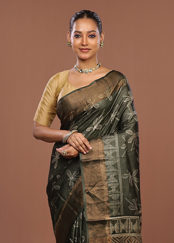 Green Handloom Tussar Pure Silk Saree With Blouse Piece