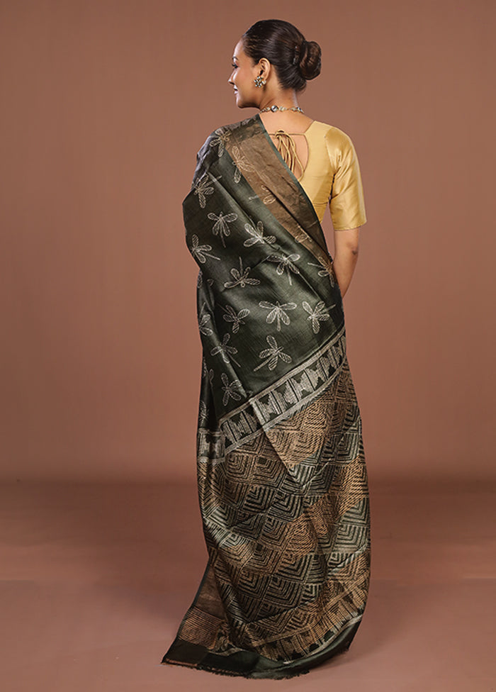 Green Handloom Tussar Pure Silk Saree With Blouse Piece