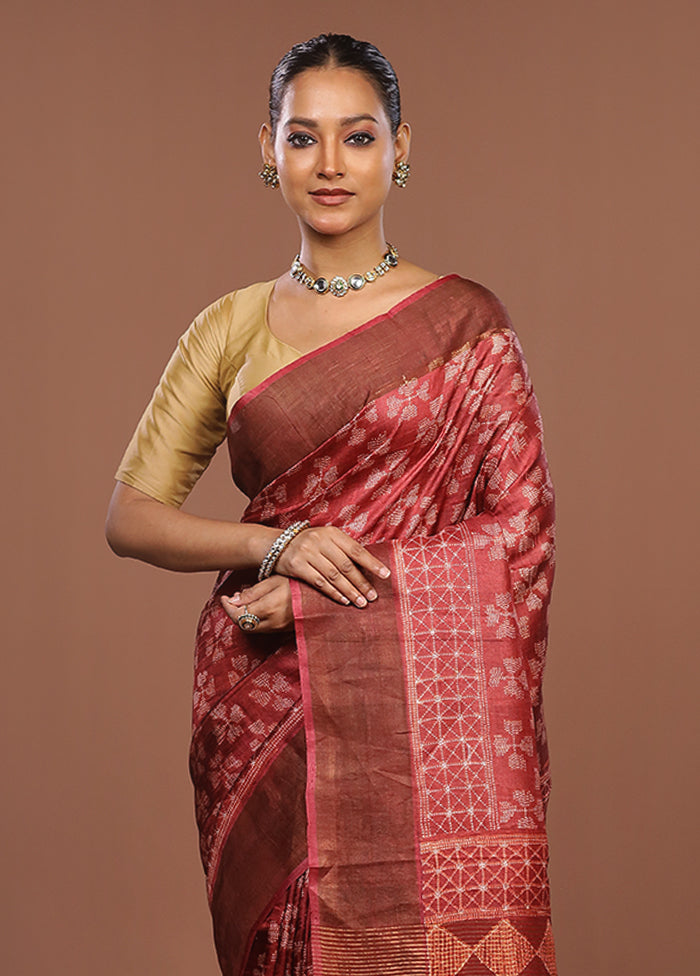 Maroon Handloom Tussar Pure Silk Saree With Blouse Piece