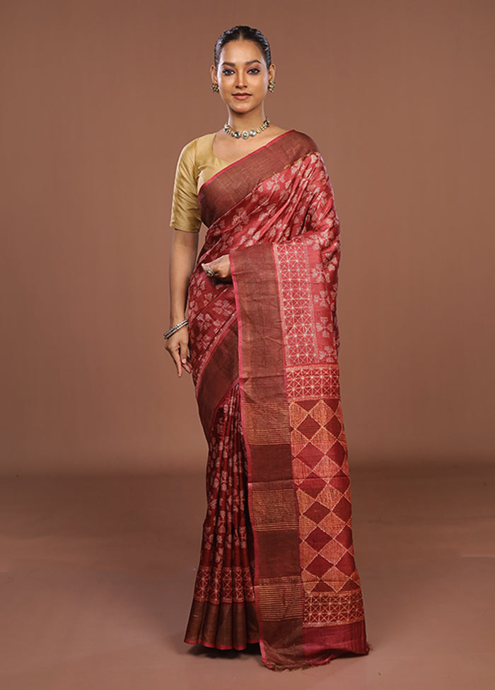 Maroon Handloom Tussar Pure Silk Saree With Blouse Piece