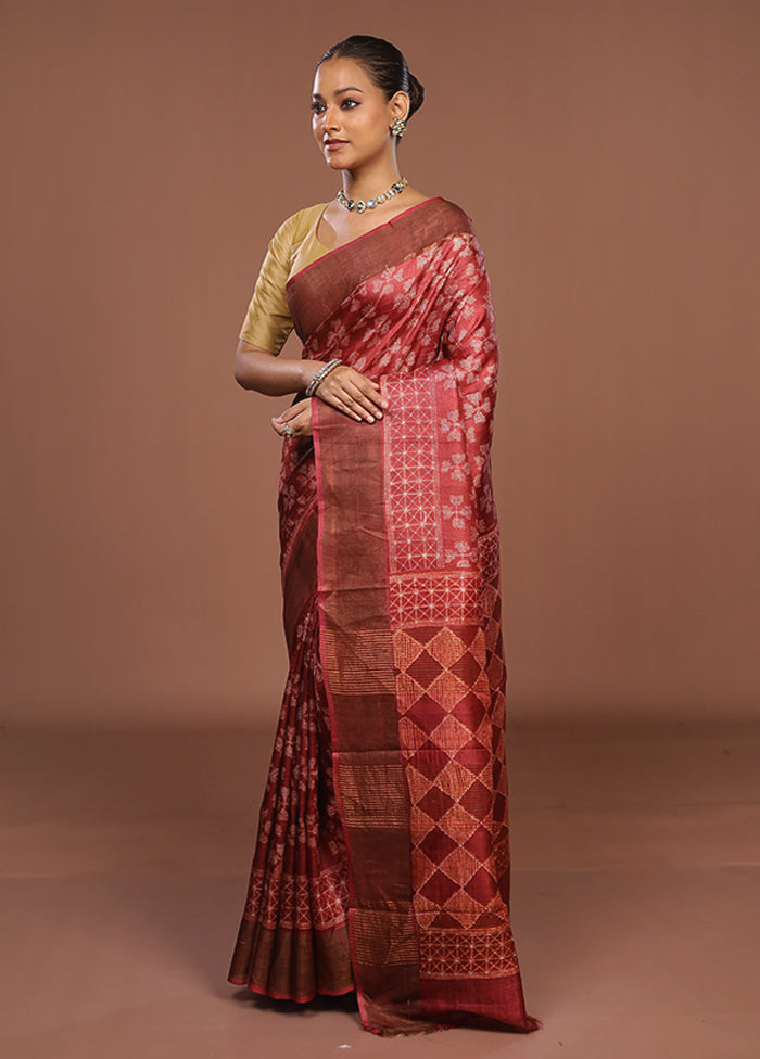 Maroon Handloom Tussar Pure Silk Saree With Blouse Piece