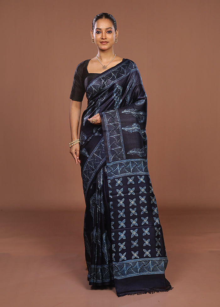 Blue Tussar Silk Saree With Blouse Piece