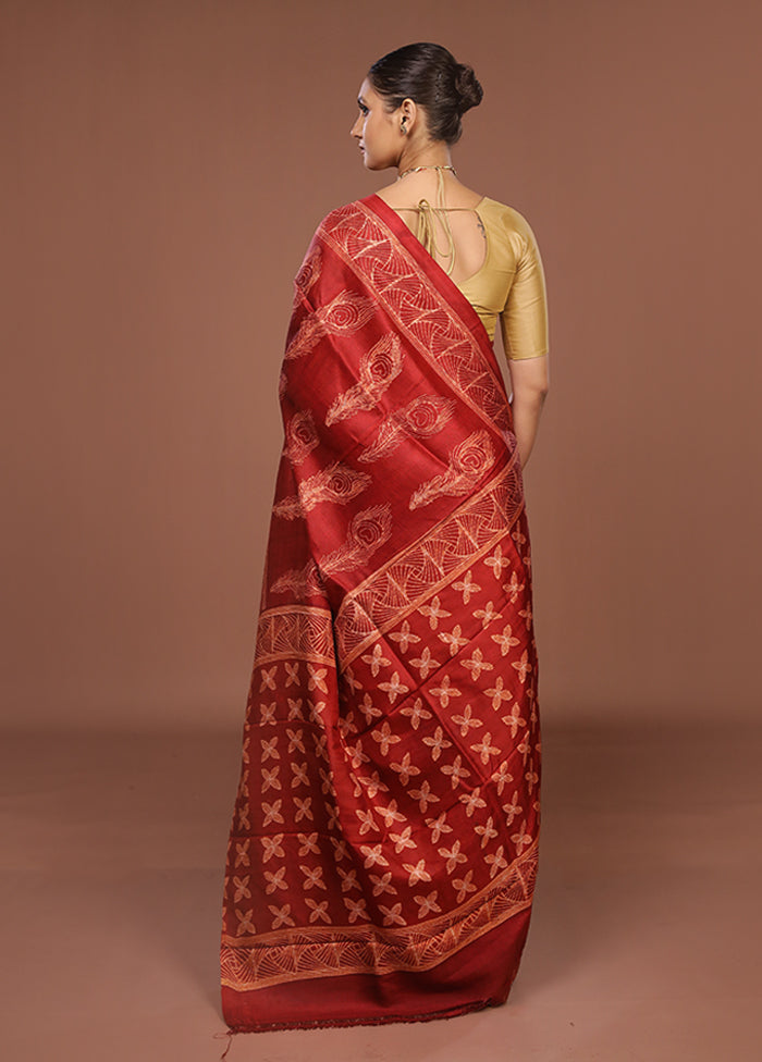 Red Tussar Silk Saree With Blouse Piece
