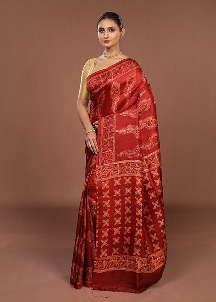 Red Tussar Silk Saree With Blouse Piece