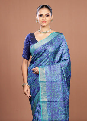Blue Handloom Tussar Pure Silk Saree With Blouse Piece